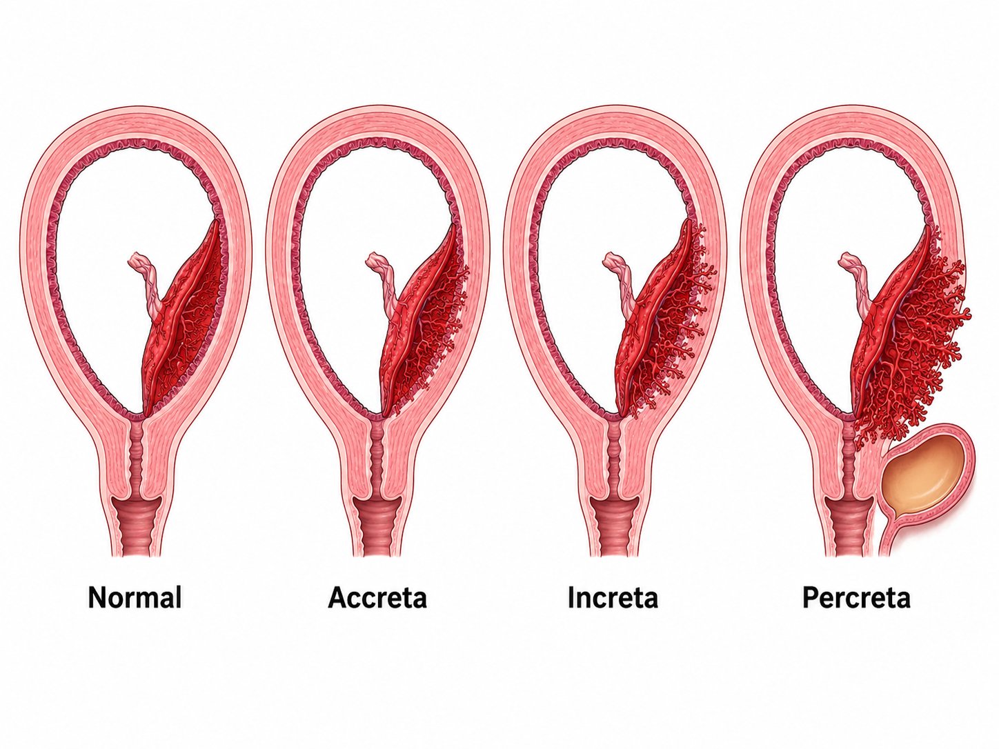 Diagram comparing normal placenta attachment with placenta accreta, increta, and percreta, including possible bladder involvement in percreta.