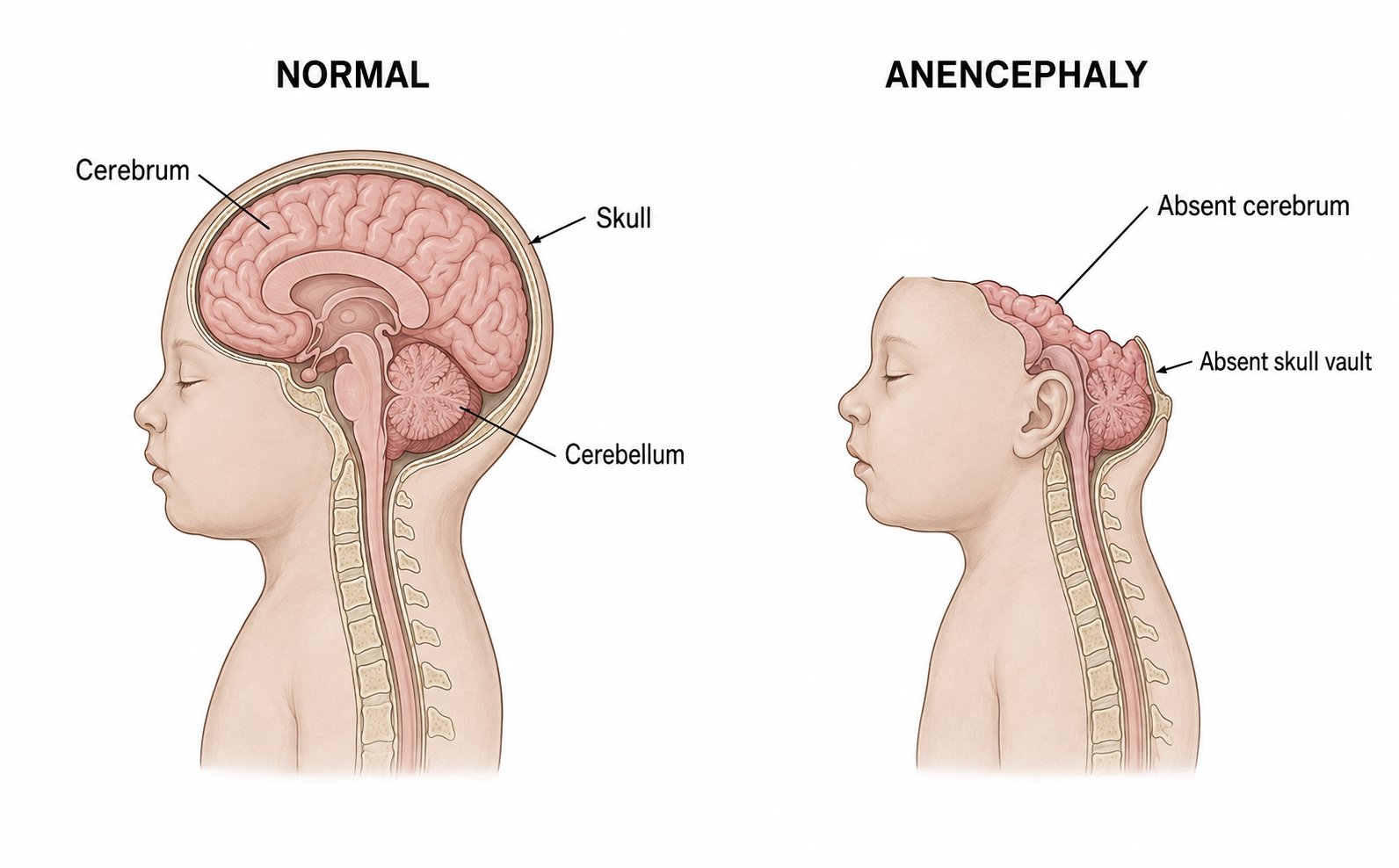 Medical teaching illustration comparing normal fetal brain and skull anatomy with anencephaly, showing absence of the upper cerebrum and skull vault.