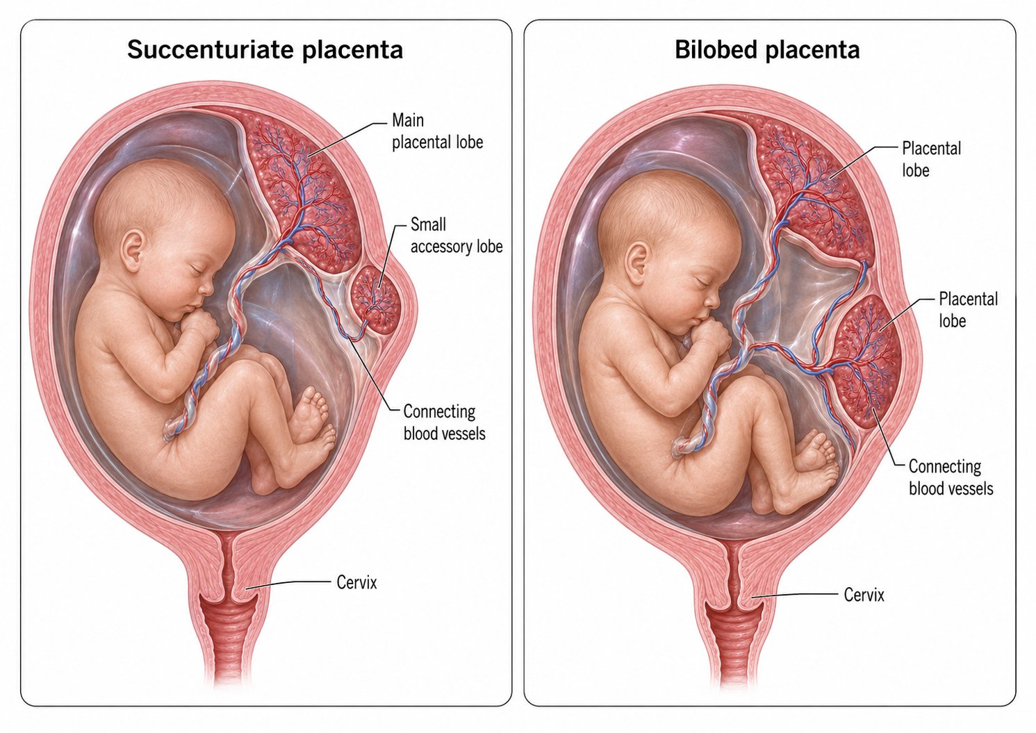 Side-by-side medical illustration of a succenturiate placenta and a bilobed placenta. The succenturiate placenta has one main placental lobe and a smaller accessory lobe joined by blood vessels. The bilobed placenta has two placental lobes of similar size joined by blood vessels.