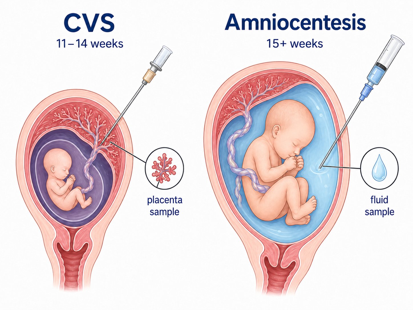 Illustration comparing CVS, which takes a small sample from the placenta, with amniocentesis, which takes a small sample of the fluid around the baby.