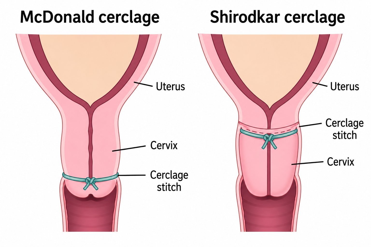 Teaching image comparing McDonald cerclage and Shirodkar cerclage.