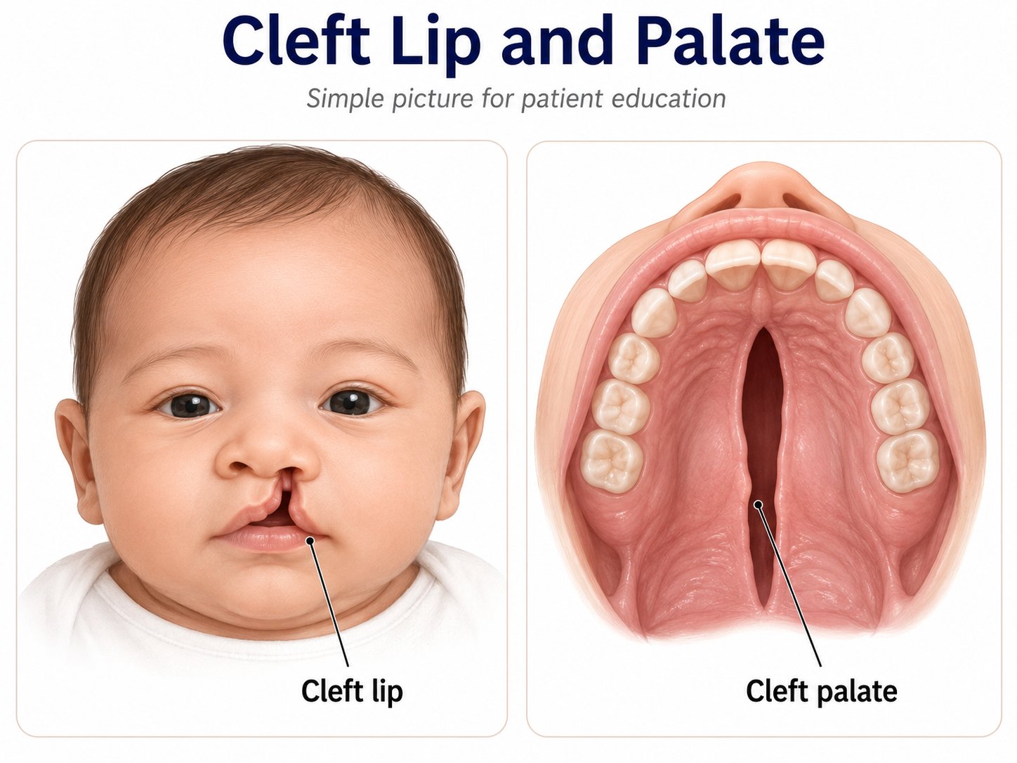 Patient-friendly medical illustration showing an infant with a cleft lip and a view of a cleft palate in the roof of the mouth.