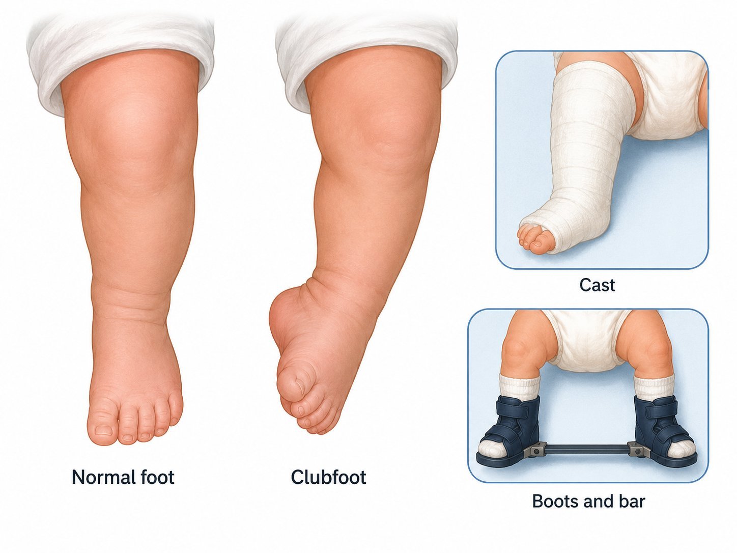 Patient-friendly medical illustration comparing a normal newborn foot with a clubfoot and showing early treatment with a cast and boots-and-bar brace.