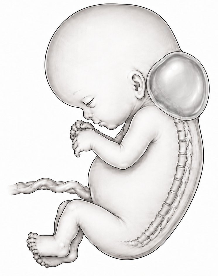 Teaching drawing of a fetus with a large fluid-filled cystic hygroma behind the neck.