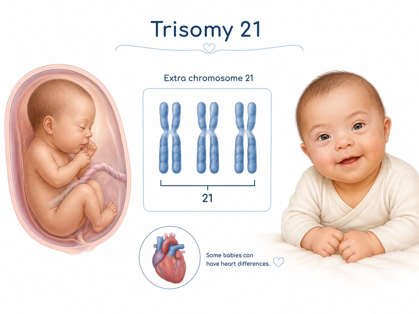 Patient-friendly illustration showing trisomy 21, an extra chromosome 21, a fetus, and an infant.