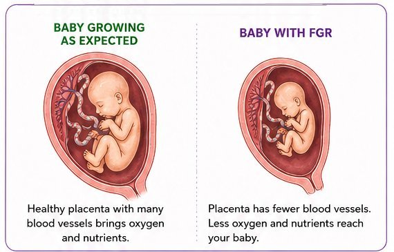 Medical illustration comparing a baby growing as expected with a smaller baby affected by fetal growth restriction.