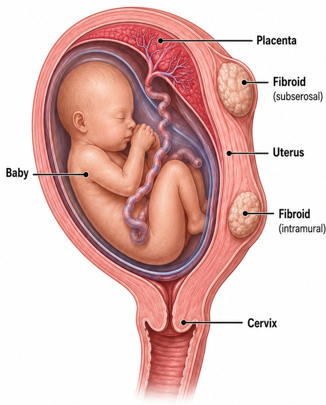Medical illustration of a pregnant uterus showing the baby, placenta, cervix, an intramural fibroid in the uterine wall, and a subserosal fibroid on the outside of the uterus
