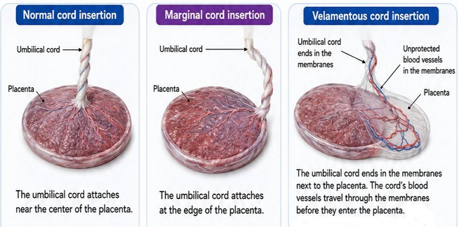Teaching picture showing normal, marginal, and velamentous cord insertion.