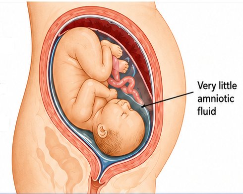 Illustration showing a baby with very little amniotic fluid.