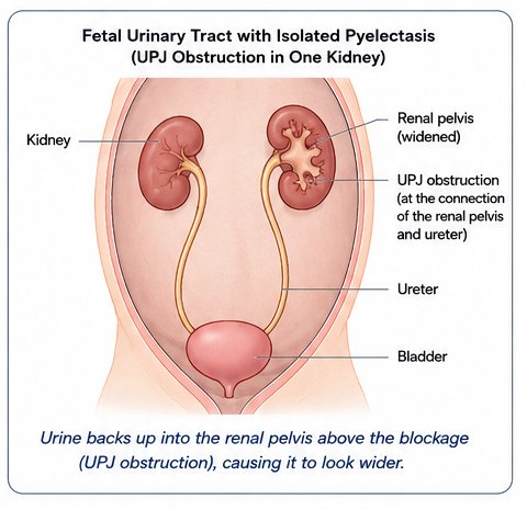 Medical illustration of the fetal kidneys, ureters, and bladder, showing a widened renal pelvis caused by a narrowing at the ureteropelvic junction.