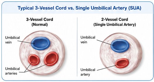 Comparison of a normal three-vessel umbilical cord with one vein and two arteries and a two-vessel cord with one vein and one artery.