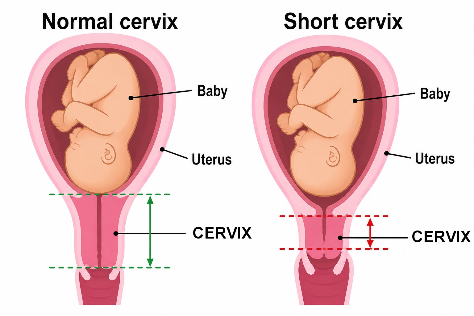 Teaching image showing a normal cervix and a short cervix in pregnancy.