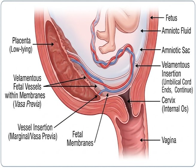 Anatomy drawing of vasa previa showing fetal blood vessels in the membranes near the cervix.